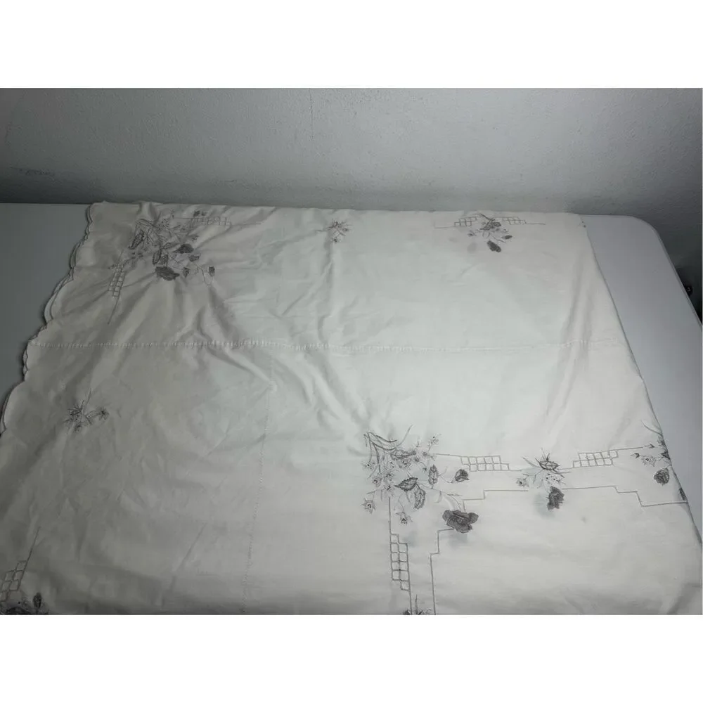 Vintage Embroidered Tablecloth White Gray Size 80” X 68” See Description